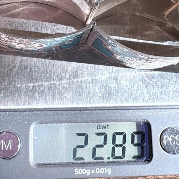 Sterling Silver Turquoise Inlay Aztec Calendar Motifs Hinged Cuff Bracelet 6.75" - Picture 11 of 11